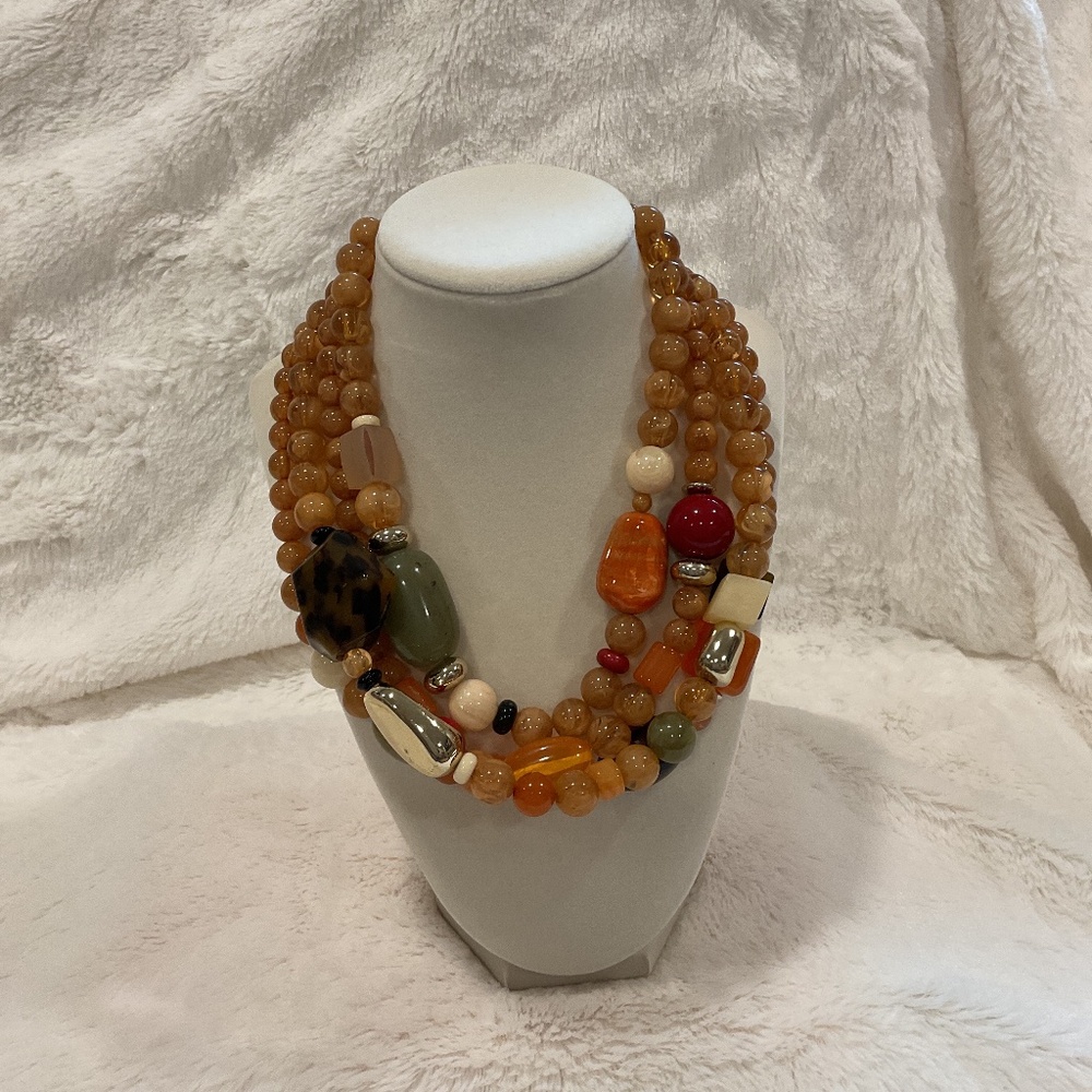 Chico’s Four Strand Multicolor Bead and Gold Tone Statement Necklace